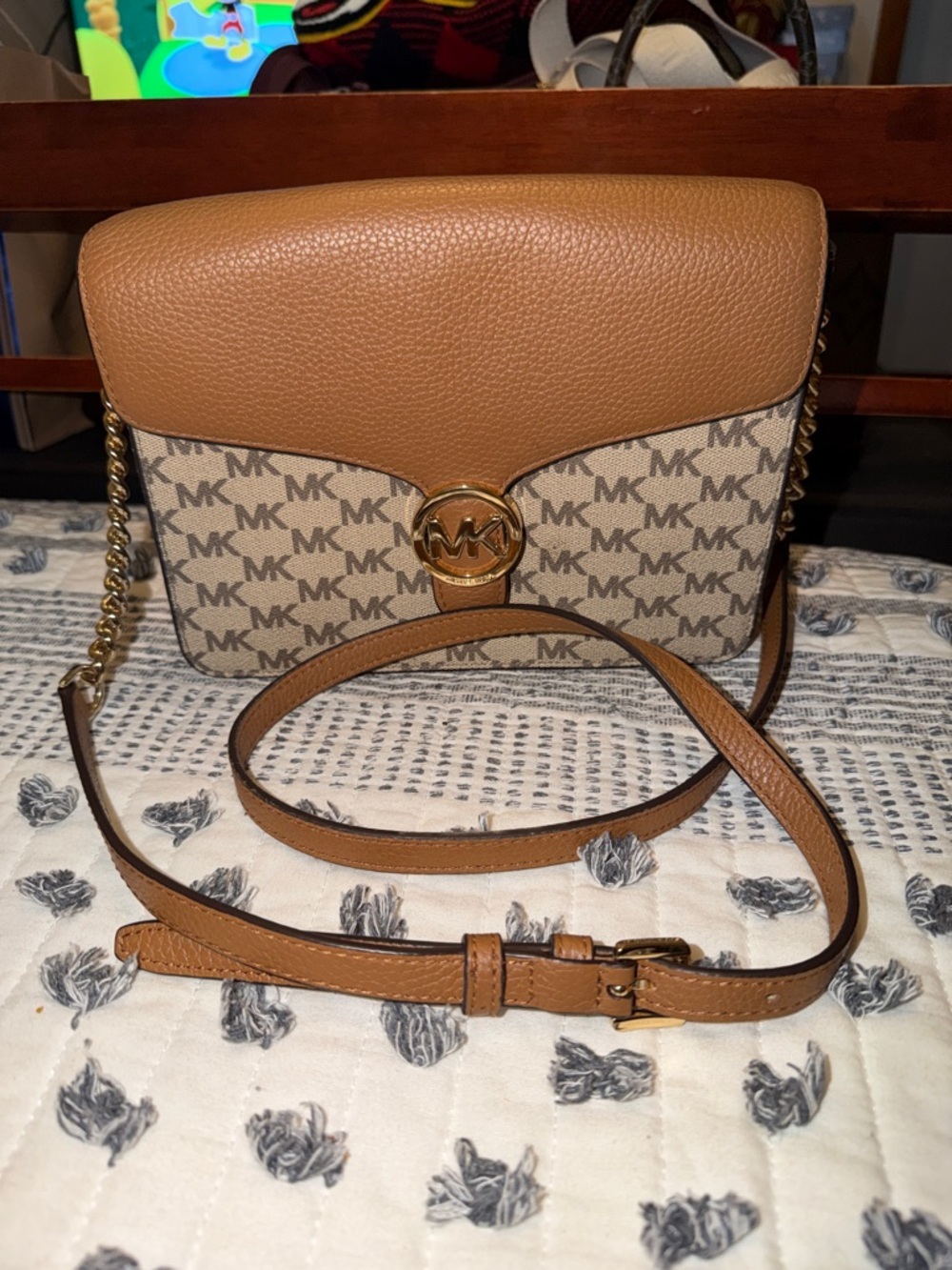 Michael Kors Tan and Brown MK Logo Crossbody Bag